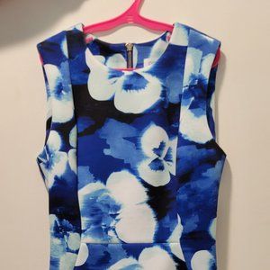 Calvin Klein Fitted Dress - Blue Flowered Pattern